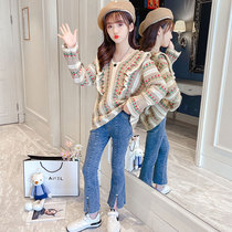 Girls Sweater Set 2021 New Autumn Girls Korean Knitwear Girls Denim Bell Pants Two Pieces
