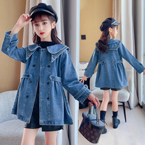 Girls Denim Coat Autumn 2022 New Children's Western Style Tops Girls Korean Style Navy Collar Trench Coat Mid Length