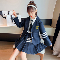 Girl suit suit college style Korean version of suit primary school students Western style autumn girl British pleated skirt three-piece set