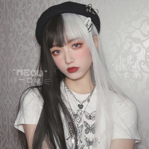 Wig female long hair air bangs long straight hair net red with black and white color yin and yang lolita round face wig set
