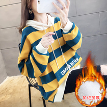 Pregnant woman winter suit long-sleeved large-yard shirt loose and pure cotton and velvet plus thick autumn winter sweater out fashion