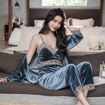 Gold Velvet Sexy Pajamas Women's Lace Sleepwear Dress Pure Sleepwear Three Piece Premium Home Clothing Autumn Winter