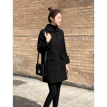 Black double-sided cashmere woolen coat women's spring and autumn 2021 new slim slim long woolen coat