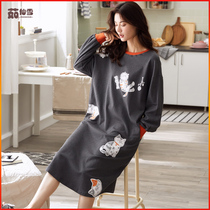 Long sleeve nightgown women cotton autumn and winter large size loose cotton pajamas women simple 2020 medium long New wear