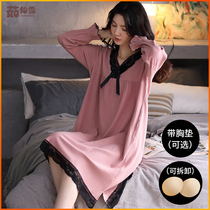 Ruxian snow with chest pad nightgown women cotton long sleeve autumn home wear dress long Loose Womens pajamas