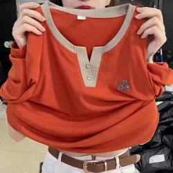 2023 autumn new women's middle -aged and elderly mother V -neck long sleeve t -shirts, foreign size, big size reduction, old age, obscure belly, thin shirt