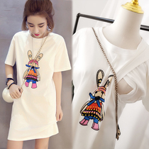 Short-sleeved nursing dress t-shirt Feeding treasure base skirt Nursing white breast milk Pregnant women feeding summer postpartum Pu Ma