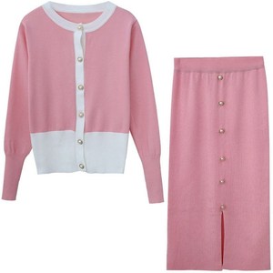 Autumn two piece suit women’s color matching long sleeve foreign style knitting Top + high waist split hip skirt skirt