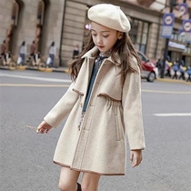 girls' reversible cashmere coat children's autumn winter thick coat mid-length children's waist wool trench coat trendy