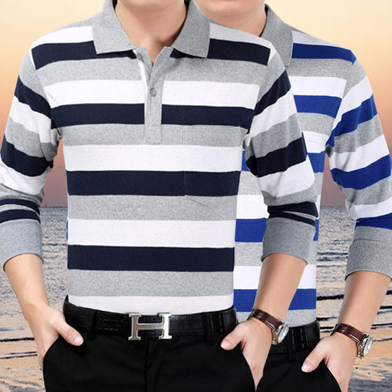 Men's autumn clothes bottoming shirt middle-aged and elderly long-sleeved T-shirt spring and autumn pure cotton casual top men's lapel polo shirt strip Men's autumn clothes bottoming shirt middle-aged and elderly long-sleeved T-shirt spring and autumn pure cotton casual top men's lapel polo shirt strip