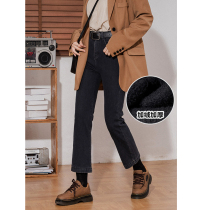 Plus velvet high waist denim straight-leg pants womens autumn and winter retro simple all-match elastic thickened warm casual nine-point pants
