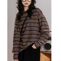 Retro casual texture striped long-sleeved t-shirt womens design sense niche hits color strips loose and thin tops