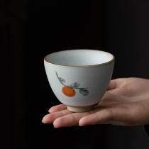 Ru porcelain open piece persimmon Ruyi teacup Household kung fu can raise master cup tea cup Ceramic tea set Single cup tea cup