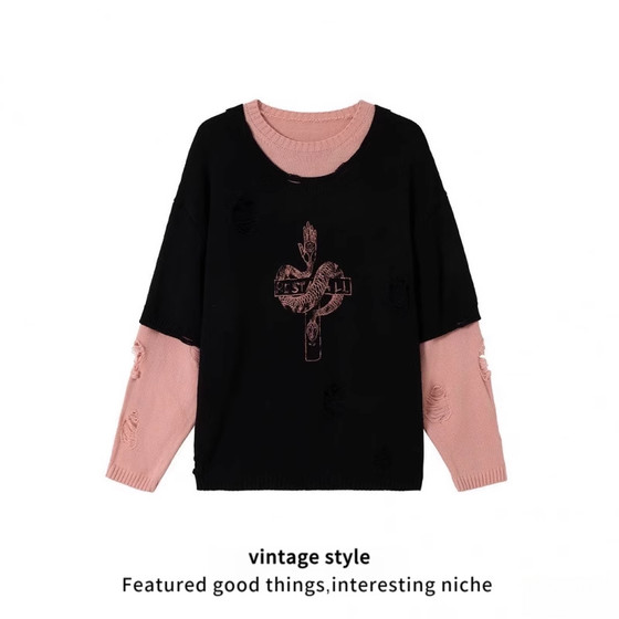 Autumn new American street fashion fake two-piece ripped old totem sweater sweater personality couple fashion casual
Autumn new American street fashion fake two-piece ripped old totem sweater sweater personality couple fashion casual