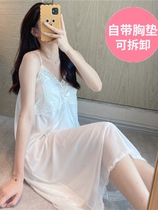 women's summer camisole nightdress with breast cushion thin ice silk sexy cute court princess style lace very fairy pajamas