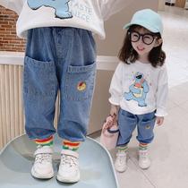 Girl Spring Clothing Jeans Han Edition Foreign Air Children Female Baby Girl Spring Autumn Pants Outside Wearing Loose Spring