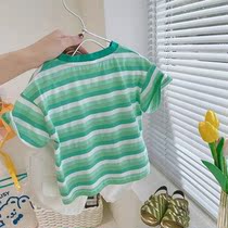 Male children t-shirt cotton striped shirt Korean baby boy foreign air short sleeve boy half sleeve 2021 summer clothing blouse