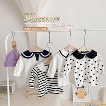 Girl Blouses Spring Autumn Dress Baby Foreign Air Turn Polo Dot T-Shirt Baby 100 Hitch Striped Long Sleeve Undershirt