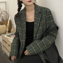 2020 new coat women tide ins autumn and winter plaid small suit loose retro Korean woolen coat long