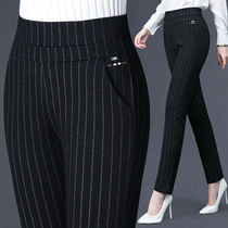 Autumn and winter plus velvet thick pants children elastic high waist casual pants elastic stripes thin middle-aged womens pants straight trousers