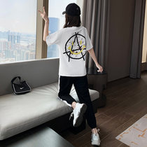 Summer Pure Cotton Fried Street Sports Suit Women 2022 Summer New Tide Cards Fashion Casual Loose two sets of students