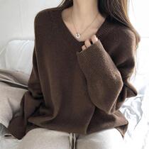 Brown sweater Womens Spring and Autumn New Year loose lazy wind V neck soft glutinous coat outside wear bottom wild coat