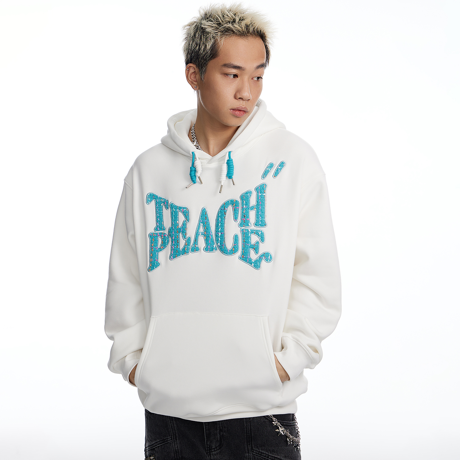TEACH PEACE潮牌小香风贴布绣连帽卫衣男创意双帽绳情侣帽衫女秋