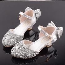 Princess shoes girls with dress special catwalk performance leather shoes silver with children's dress shiny stage crystal shoes