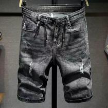 New denim shorts mens five-point pants summer elastic loose string hole slim fit summer thin Capri pants