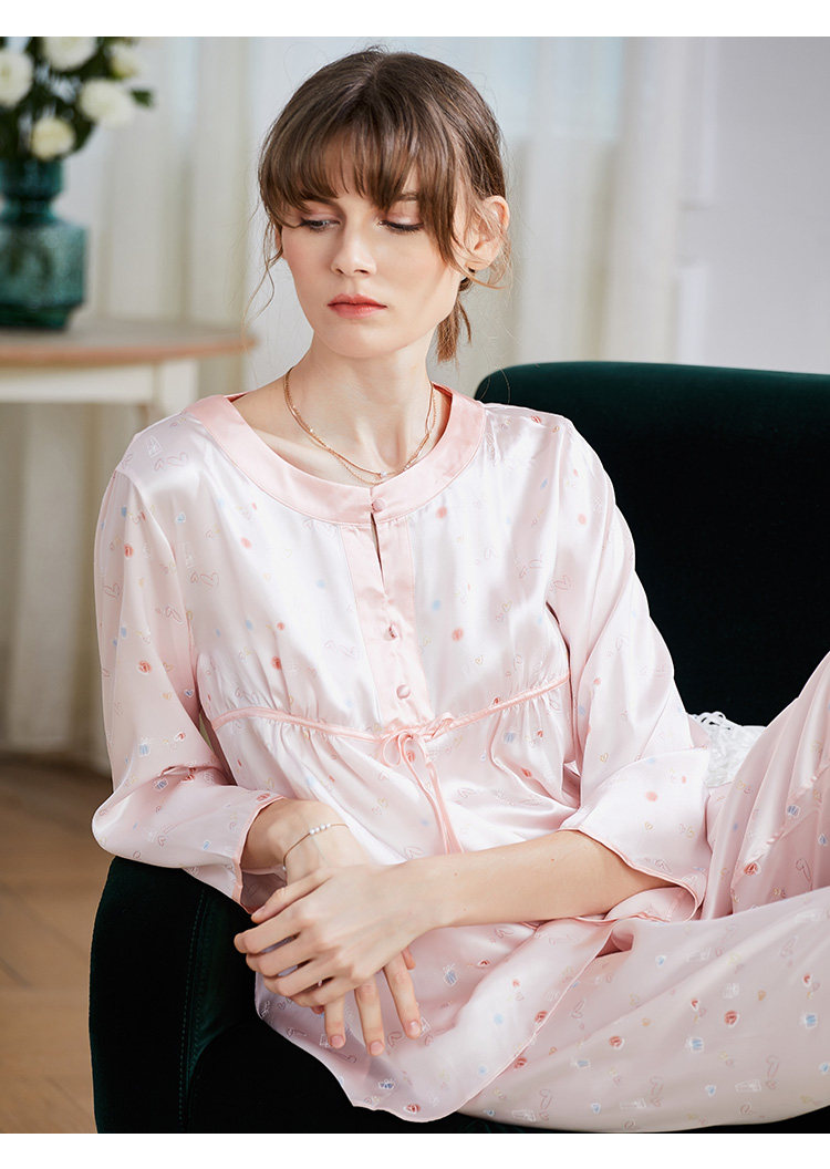 美标长袖真丝睡衣女春秋丝绸100桑蚕丝性感蕾丝家居服两件套装夏