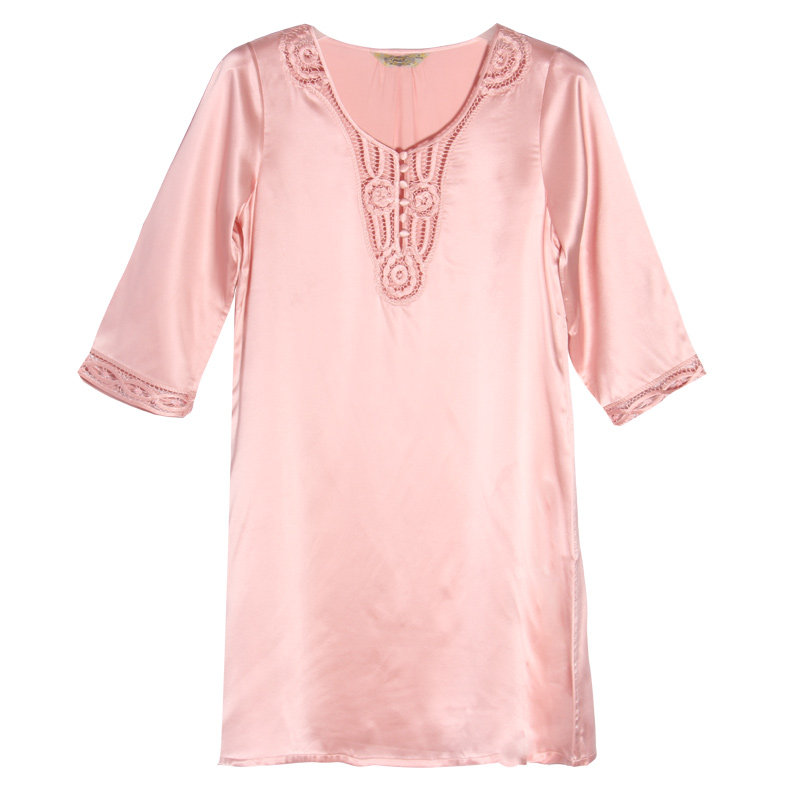 美标2017新款睡裙女士春秋高贵真丝睡衣桑蚕丝丝绸盘带夏季家居服