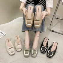 Hans square head retro ancient Baotou Half slipper female Spring Summer 2021 new Mueller square buckle flat heel sloth sandals