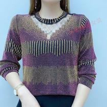 Gush without velvety gradient color large code T-shirt female hollowed-out hot drill undershirt autummy round collar loose jacket