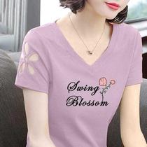 95% cotton short sleeve T-shirt female 2021 new summer dress slim size hollow V-neck Korean version Joker T-shirt women