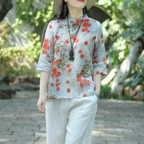 2021 Summer imitation cotton linen Chinese style buckle print stand collar size loose ethnic style womens top vintage shirt