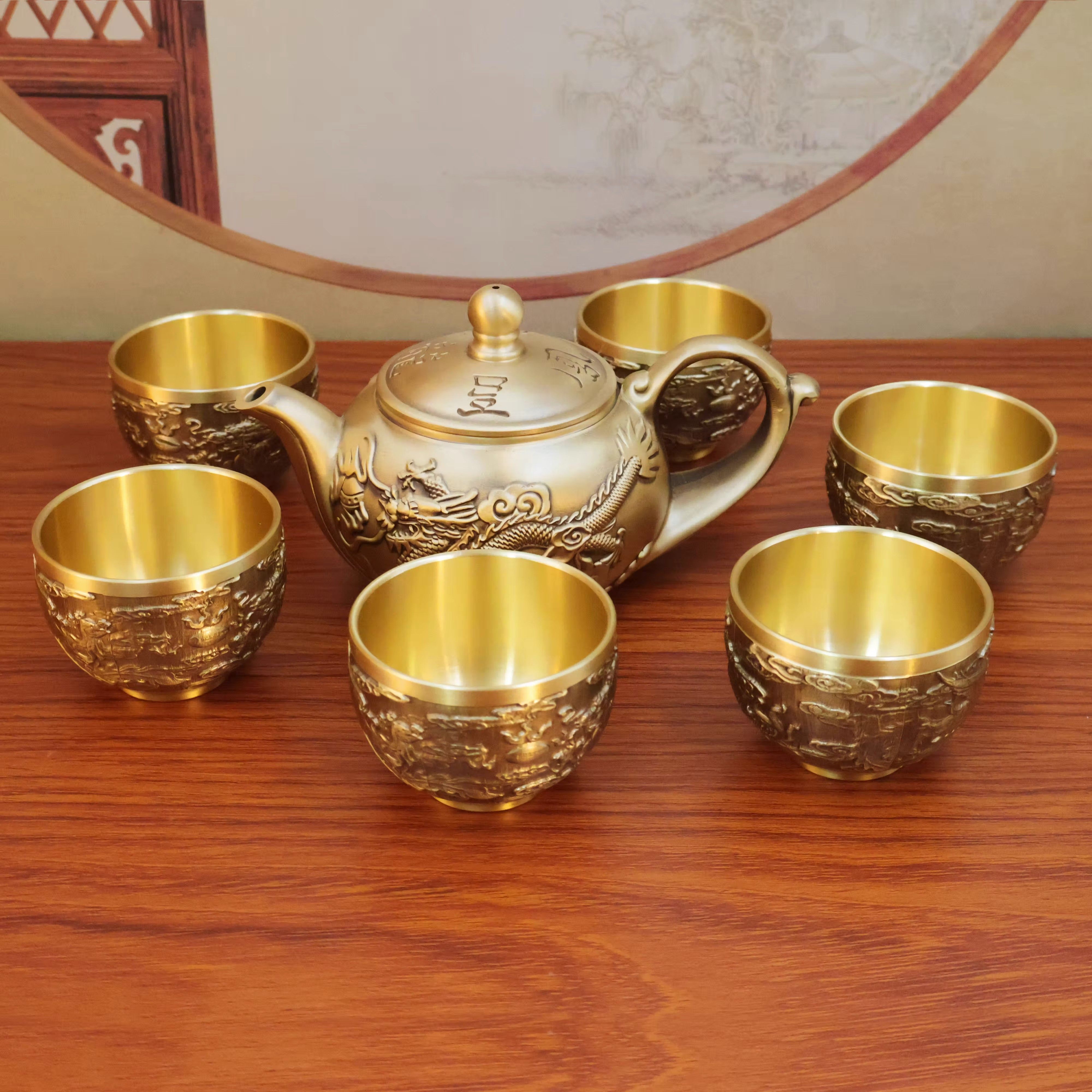 中式黃銅龍鳳茶壺龍鳳呈祥金屬茶壺客廳裝飾創意銅器擺件