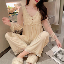 Sandro Vicari Law-style sweet and beautiful V lead lace pyjamas female spring and autumn web yarn Long sleeves Home Clothing Two Suits