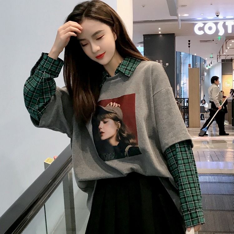 新款长袖卫衣女假两件拼接上衣宽松韩版春秋