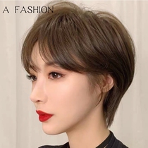Wig female short hair summer full headgear full real hair silk bangs short straight hair oblique bangs wig set full headgear