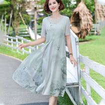 Printed modified qipao in old age true silk dress 2022 new summer dress big code loose cover mother skirt