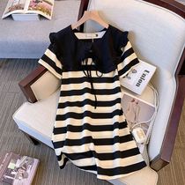 Big Code Womens Dress 2022 Summer New slim cover Belly Temperament Fatty Sister Casual Striped Doll Collar Dress