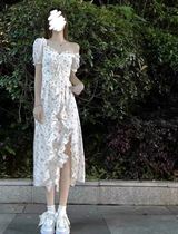 Womens summer pure desire hot girl with irregular lotus leaf lace with short sleeves open and broken flower one-piece dress