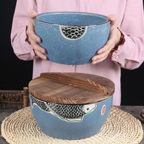 Ceramic large flower bowl bowl with lid soup bowl vegetable bowl Large creative commercial blessing tableware bowl chicken bowl cold pot skewers