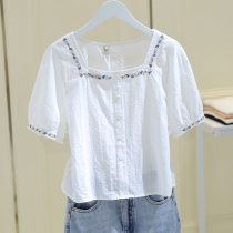 Hong Kong Square Collar Short Shirt Woman 2021 Summer New Design Sensation Small Crowd Loot Embroidered Short Sleeve Blouses