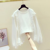 Hong Kong Lace splicing the Wei Yi female spring 2022 fashion new long-sleeved design round-collar casing hijab flavored top tide