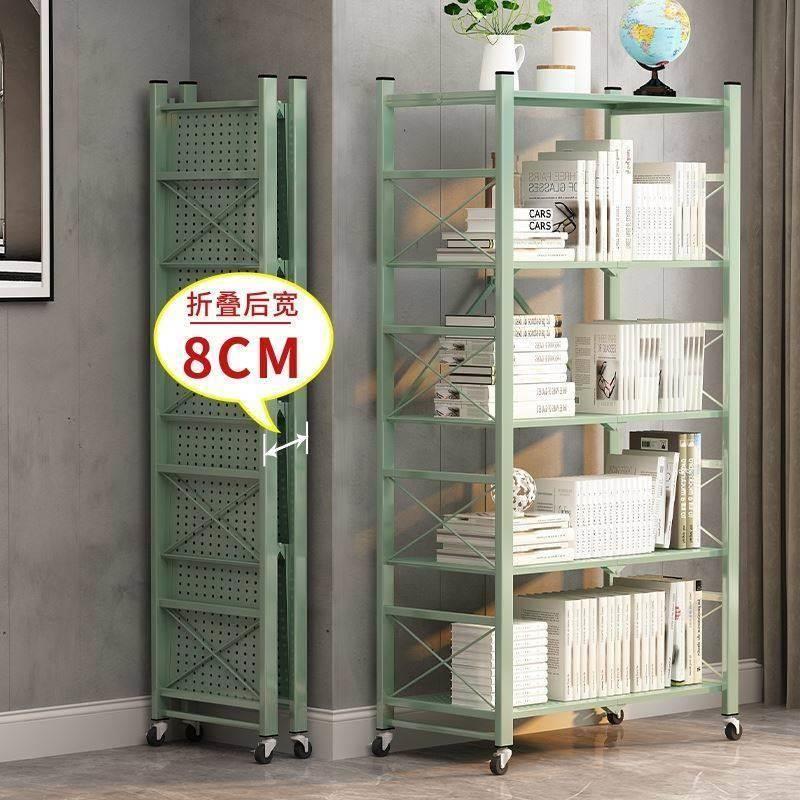 Iron art bookcase floor stainless steel free installation movable belt wheel folding multifunctional living room object multilayer bookshelf-Taobao