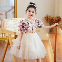 Girls' dress Summer 2023 short-sleeved flamboyant butterfly crushed flower-wagged skirt thin performance princess wind skirt