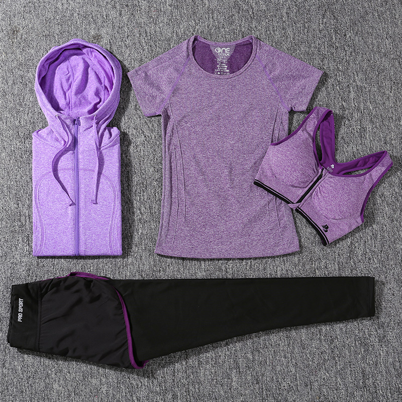夏季女瑜伽服套装四件套健身房跑步运动裤显瘦短袖上衣文胸速干衣产品展示图3