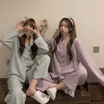 Plaid pyjamas autumn and winter style female students dormitories can be externally worn with cute loose long sleeves casual home clothing fashion foreign gas