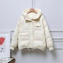 Womens white duck down jacket Western-style hooded loose version with special leg length hooded bread medium-thick top